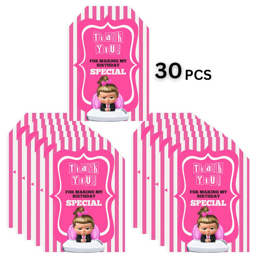 Load image into Gallery viewer, Boss Baby Girl Theme Birthday Favour Tags (2 x 3.5 inches/250 GSM Cardstock/Pink, White &amp; Black/30Pcs)
