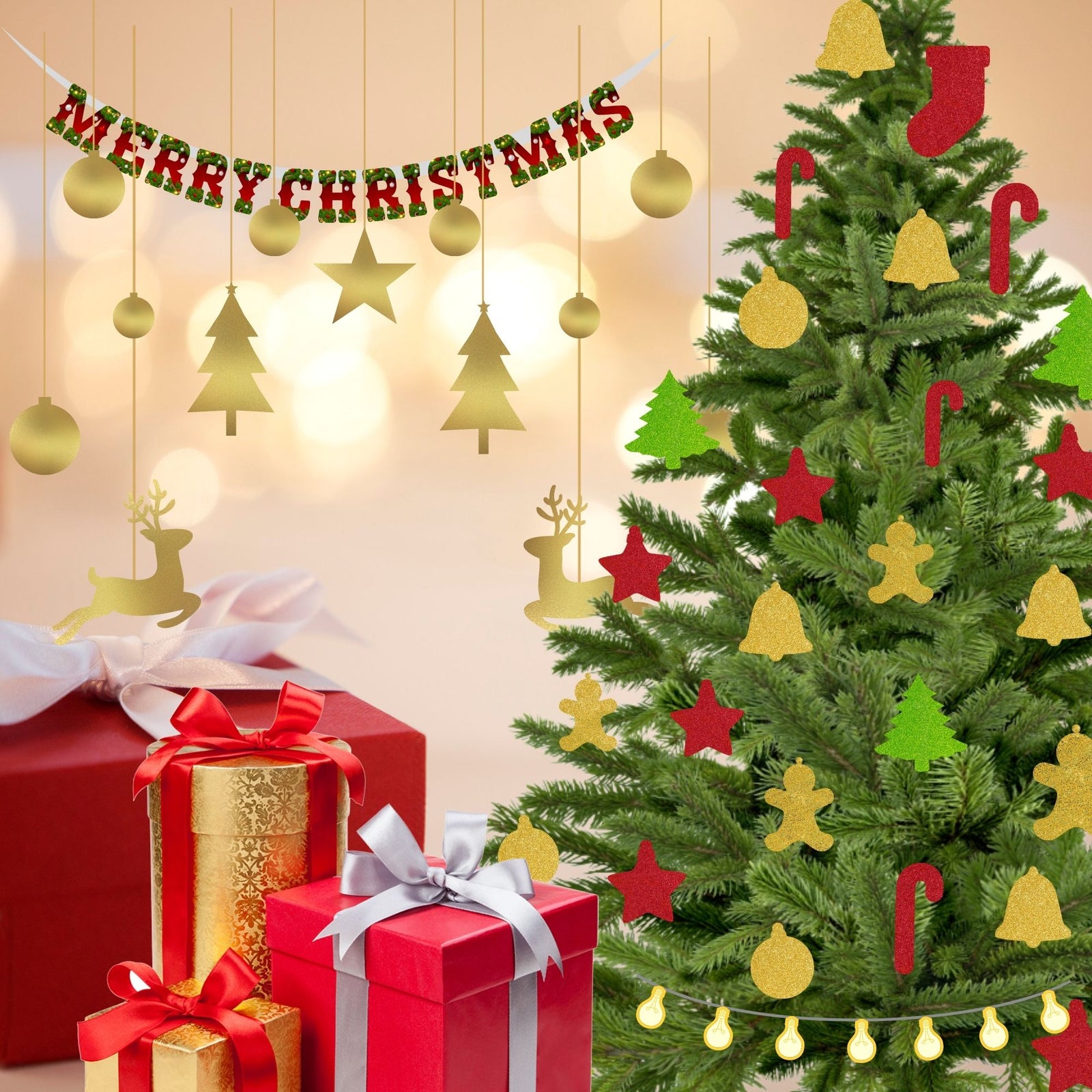 Merry Christmas Decoration Kit (5 Inches / 250 GSM Card Stock / Red, Green, Gold / 51 Pcs)