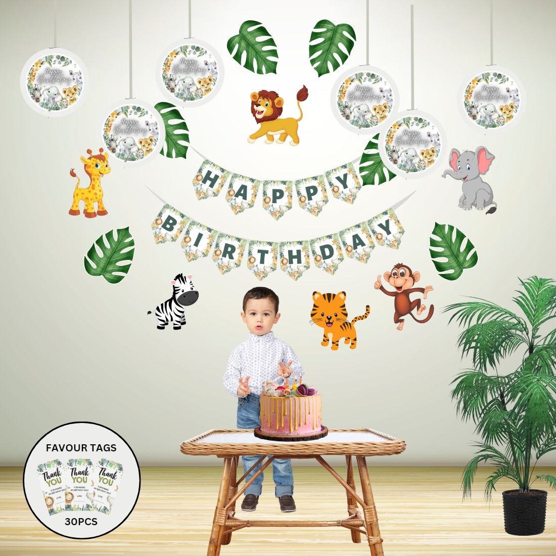 Jungle Theme Birthday Party Decorations - Banner, Cutouts, Favor Tags, Danglers (6 inches/250 GSM Cardstock/Mixcolour/61Pcs)