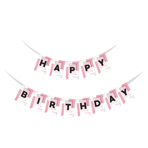 Load image into Gallery viewer, Black Pink Theme Happy Birthday Banner (6 inches/250 GSM Cardstock/Black , Pink , &amp; White/13Pcs)
