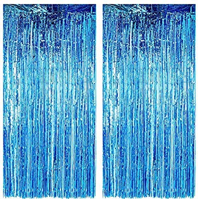 Load image into Gallery viewer, Metallic Blue Foil Fringe Curtains for Party Photo Backdrop Wedding Birthday Decor (2 Pack, Blue) – 3 X 6 ft

