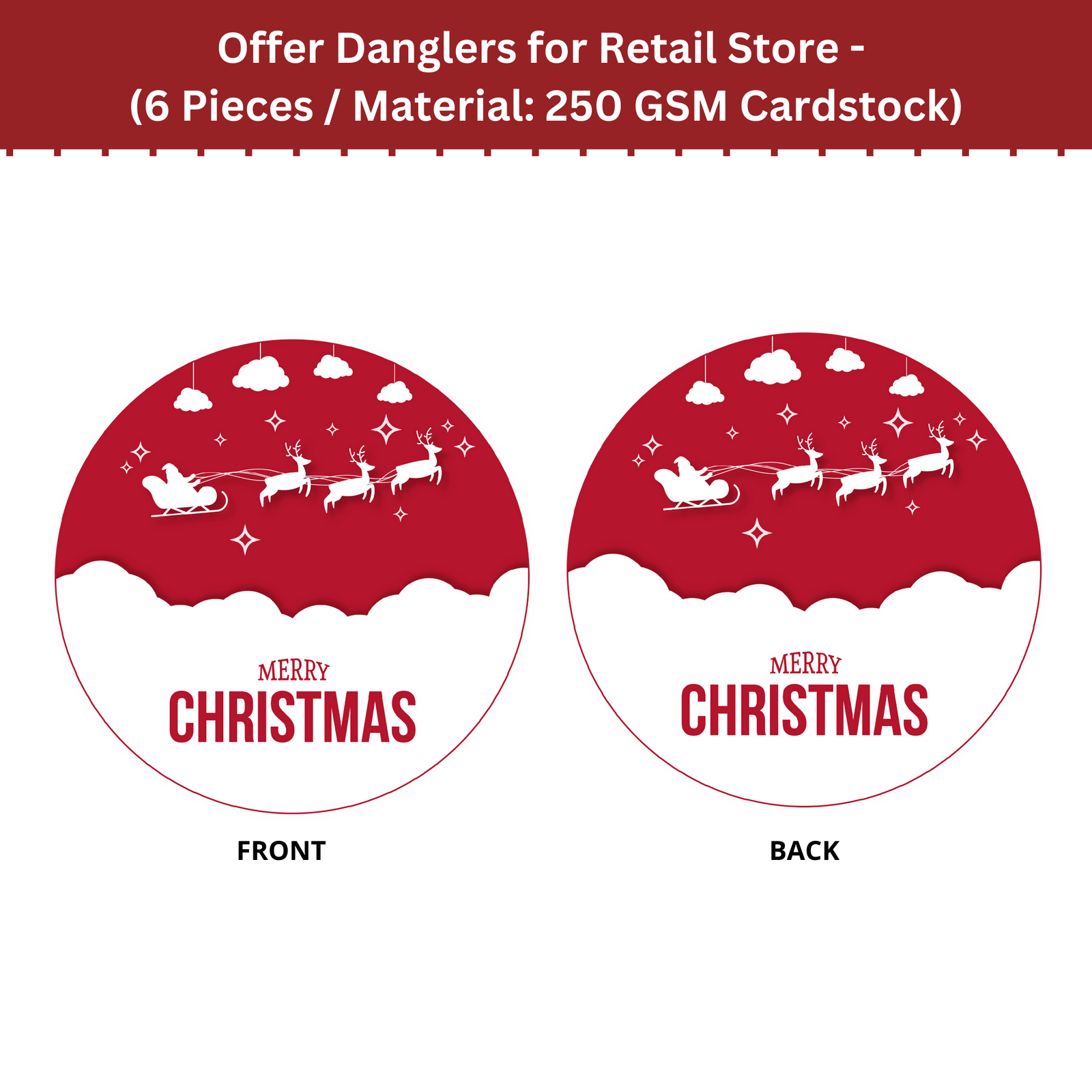Merry Christmas Dangler/Bunting (6 Inches/250 GSM Cardstock/Red, White/6 Pieces, Front/Back)