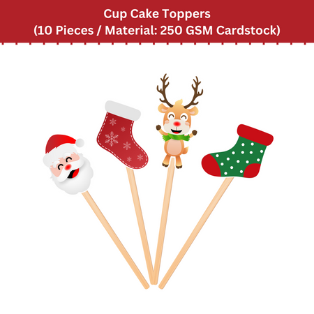 Christmas CupCake Topper (6 Inches/2.5 Inches/250 GSM Cardstock/Assorted/10 Pieces)