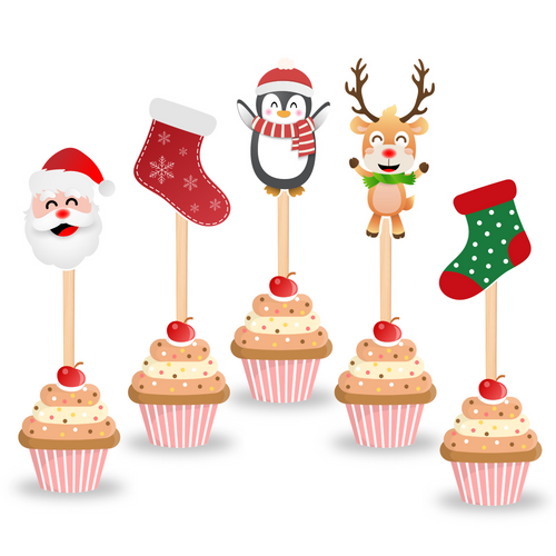 Load image into Gallery viewer, Christmas CupCake Topper (6 Inches/2.5 Inches/250 GSM Cardstock/Assorted/10 Pieces)
