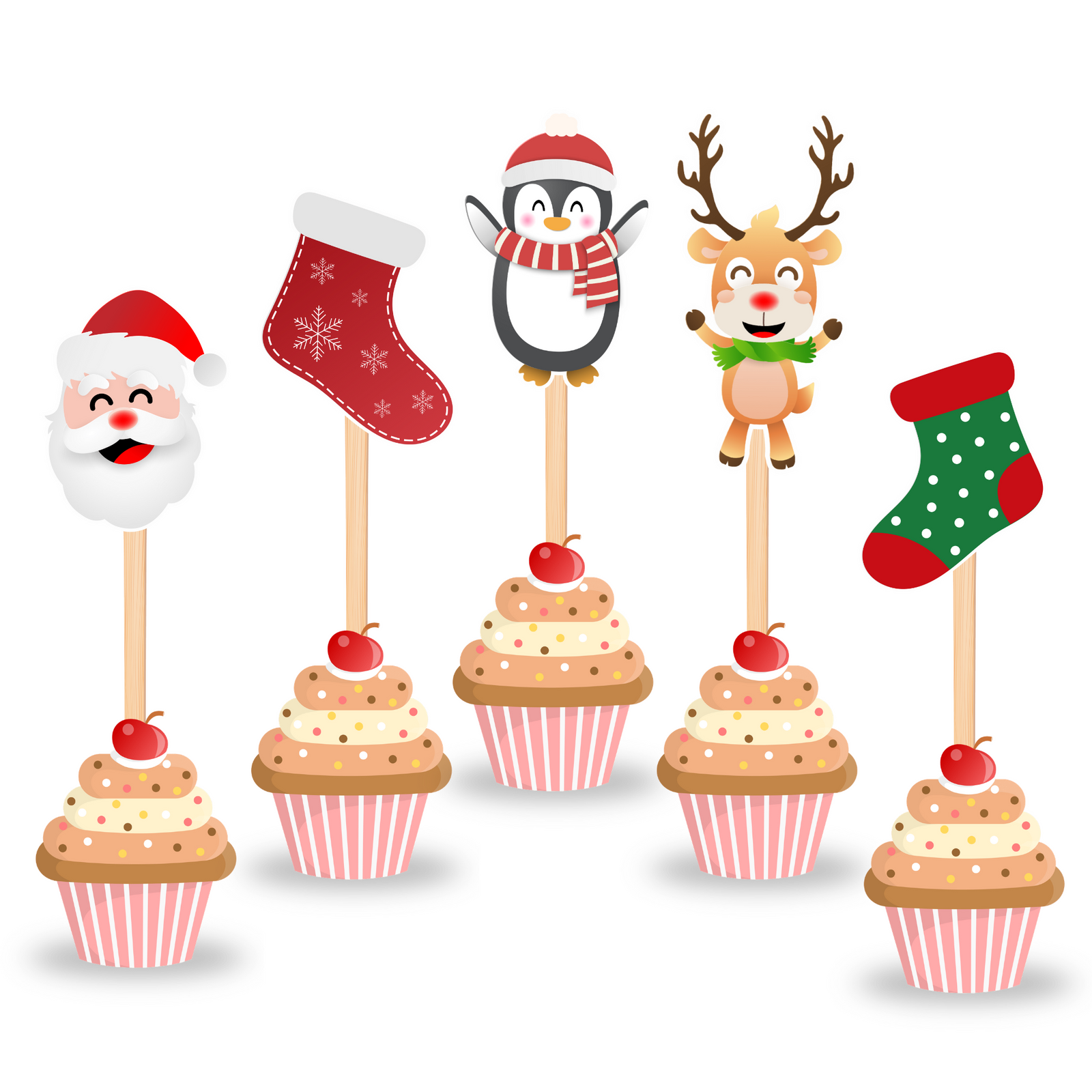Christmas CupCake Topper (6 Inches/2.5 Inches/250 GSM Cardstock/Assorted/10 Pieces)