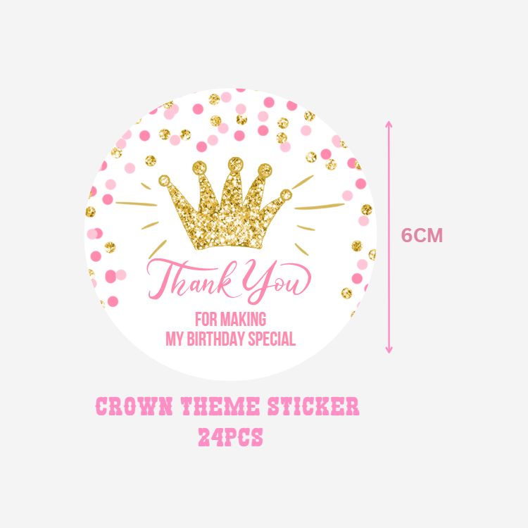 Crown Theme- Return Gift/birthday decor Thankyou Sticker (6 CM/Sticker/Pink, Gold, White/24Pcs)