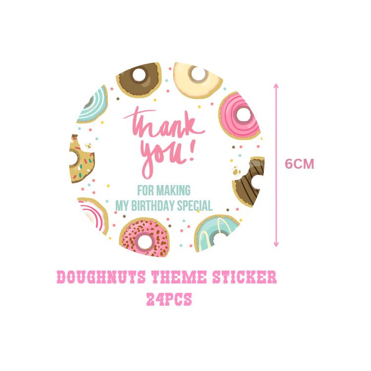 Doughnut Theme- Return Gift/birthday decor Thankyou Sticker (6 CM/Sticker/Mixcolour/24Pcs)