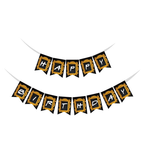 Load image into Gallery viewer, Friends Theme Happy Birthday Banner (6 Inches/250 GSM Cardstock/Black , White &amp; Gold/13Pcs)
