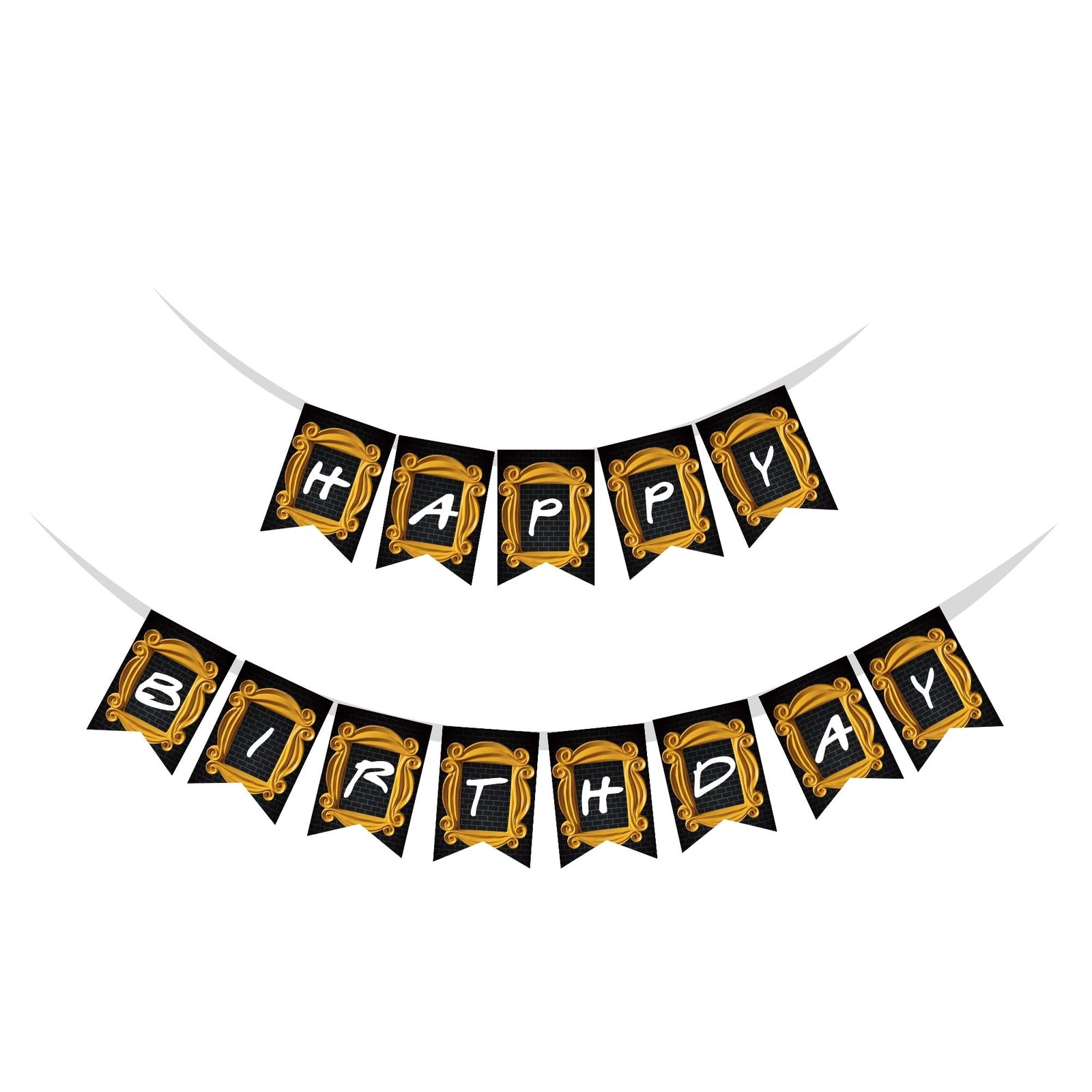Friends Theme Happy Birthday Banner (6 Inches/250 GSM Cardstock/Black , White & Gold/13Pcs)