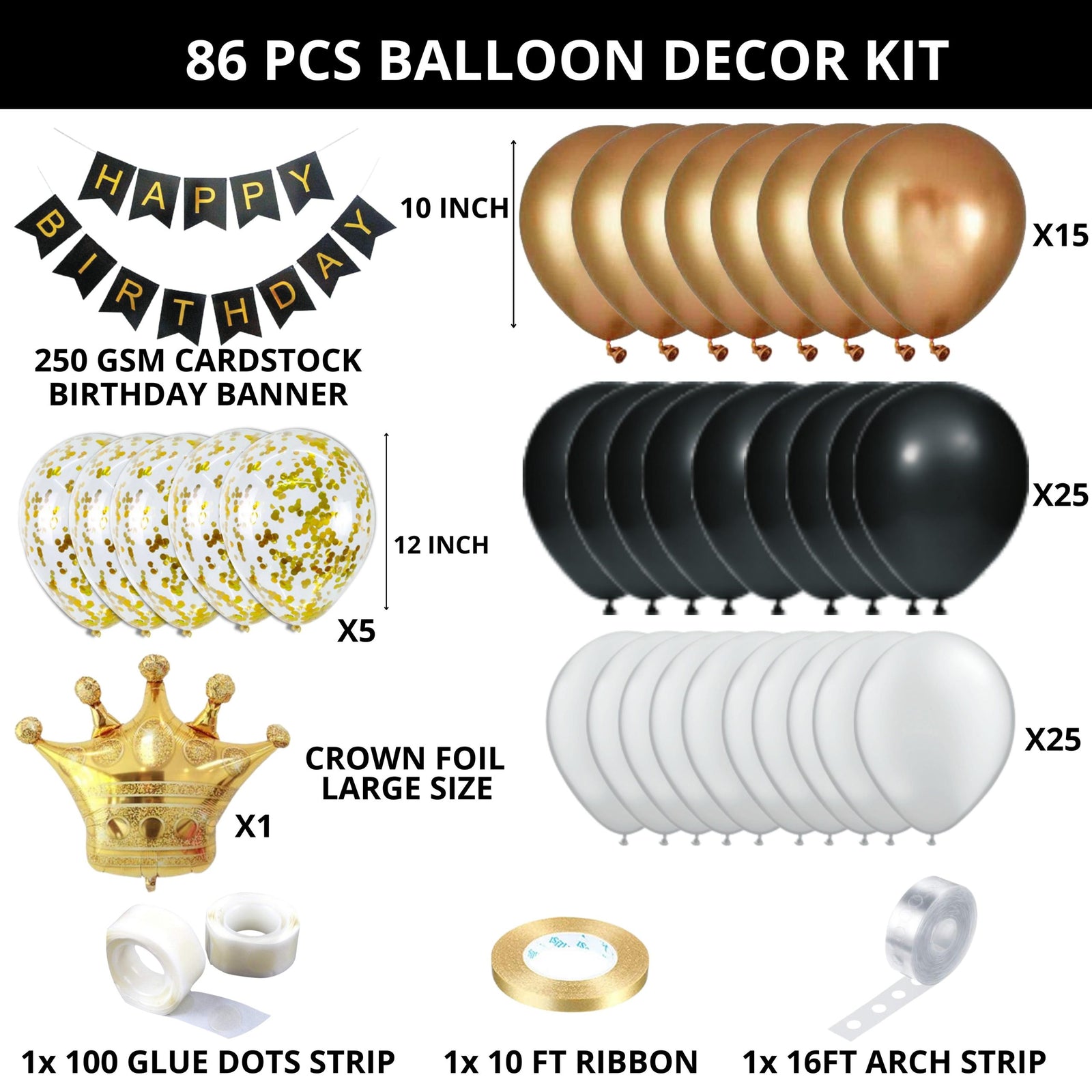 86Pcs - DIY Happy Birthday Metallic Golden, White, Black Latex &amp; confetti Balloons, Black &amp; Gold Happy Birthday Banner and Golden Crown Foil