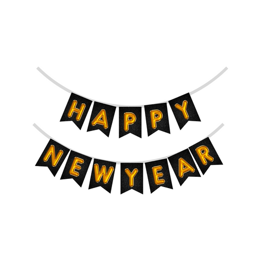 Load image into Gallery viewer, Happy New Year Banner 1 (6 Inches/250 GSM Cardstock/Black, Yellow, golden Printed/12 Pieces)
