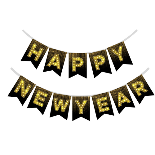 Load image into Gallery viewer, Happy New Year Banner 2 (6 Inches/250 GSM Cardstock/Black, Yellow, golden Printed/12 Pieces)
