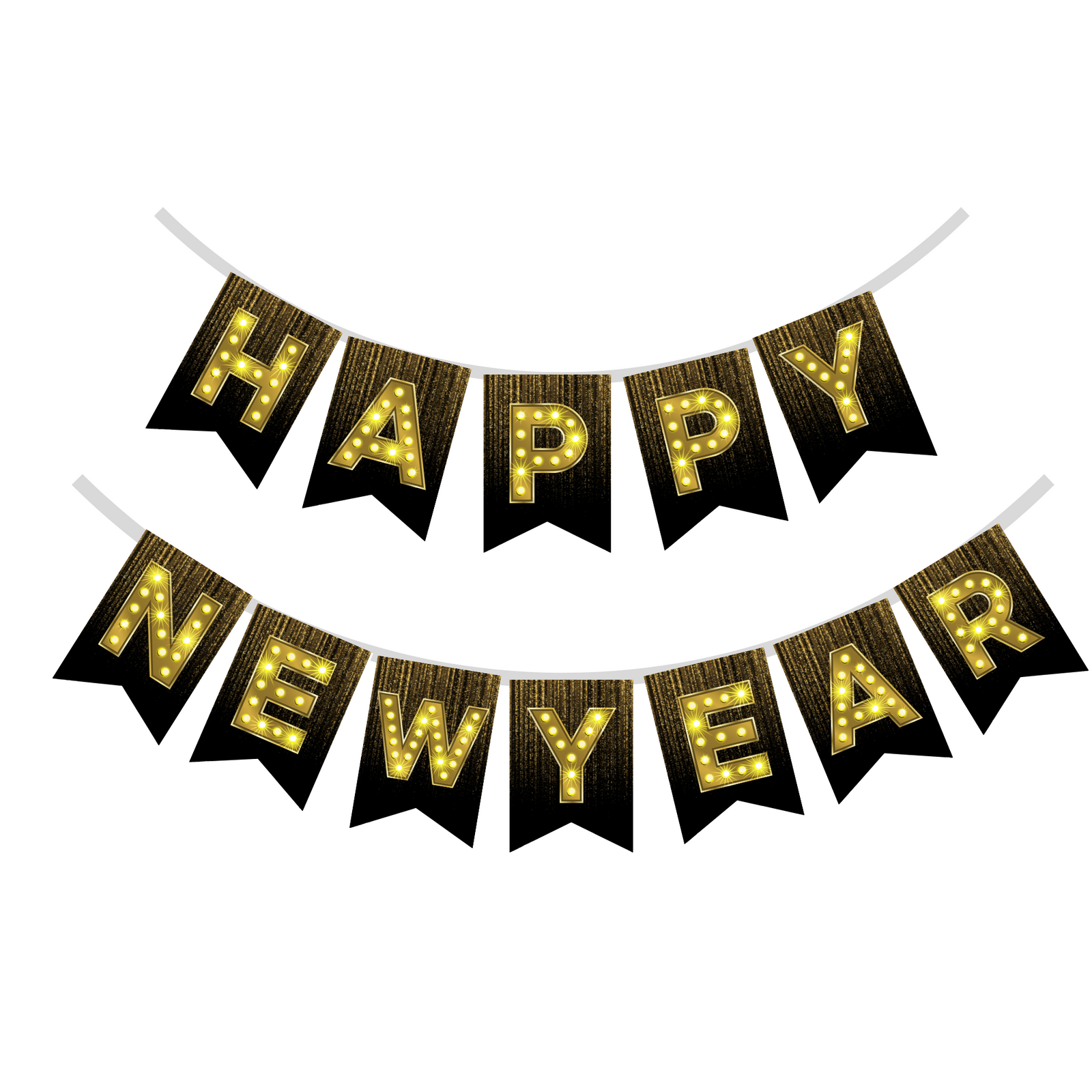 Happy New Year Banner 2 (6 Inches/250 GSM Cardstock/Black, Yellow, golden Printed/12 Pieces)