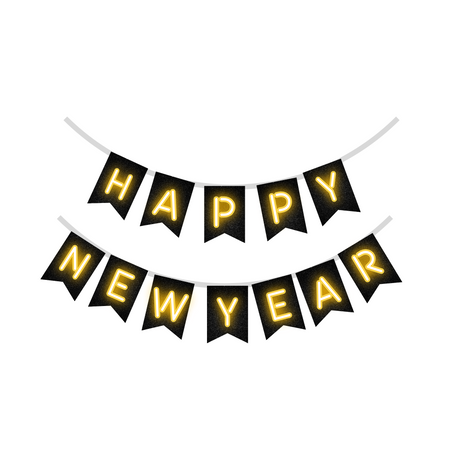Happy New Year Banner (6 Inches/250 GSM Cardstock/Black, Yellow, golden Printed/12 Pieces)