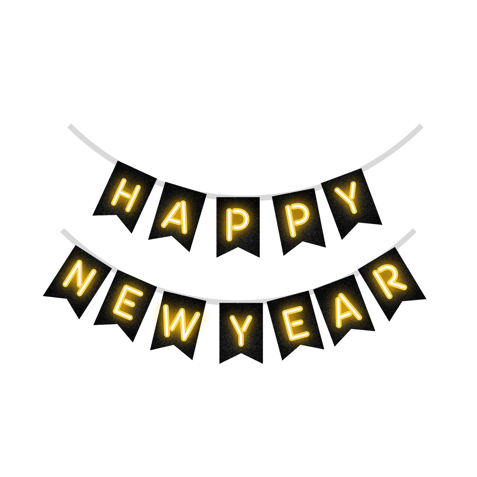 Happy New Year Banner (6 Inches/250 GSM Cardstock/Black, Yellow, golden Printed/12 Pieces)