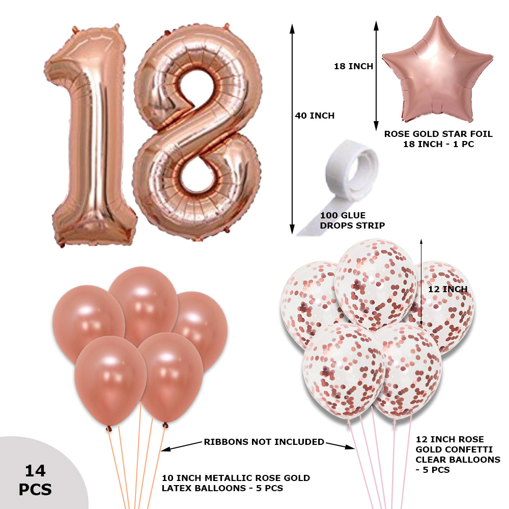 14 Pcs Birthday Kit – Rose Gold 18 Number 40″ Foil Balloon-Rose Gold Metallic Balloons, Confetti, Star foil Balloon