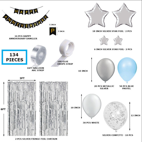 Load image into Gallery viewer, 134 Pcs Happy Anniversary Kit Metallic Silver, Blue &amp; White Balloons, Silver Stars, Silver Confetti, Black Happy Anniversary Banner &amp; Fringe Curtain
