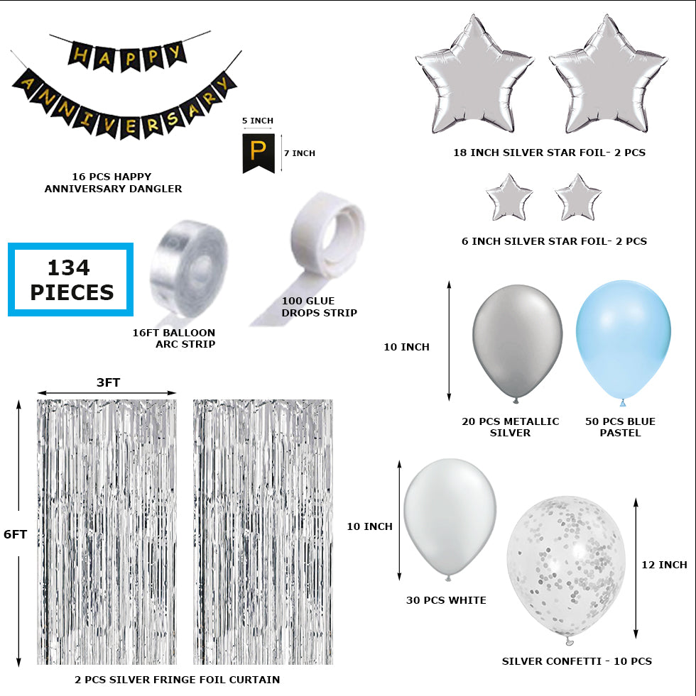 134 Pcs Happy Anniversary Kit Metallic Silver, Blue & White Balloons, Silver Stars, Silver Confetti, Black Happy Anniversary Banner & Fringe Curtain