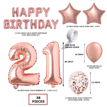 RoseGold Metallic Balloon, RoseGold Confetti RoseGold Star Foil Balloon, RoseGold Foil Happy Birthday & RoseGold Twenty One foil numbers(38 Pieces)