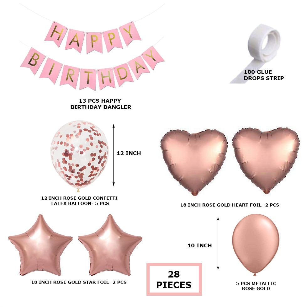 RoseGold Metallic Balloon, RoseGold Heart Foil, RoseGold Star Foil, RoseGold Confetti Balloon & Pink Happy Birthday Banner (28 Pieces)
