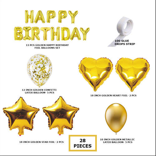 Load image into Gallery viewer, Gold Metallic Balloon, Gold Love Foil Balloon, Gold Star Foil Balloon, Gold Confetti Balloon &amp; Gold Happy Birthday Foil Balloon - (28 Pieces)
