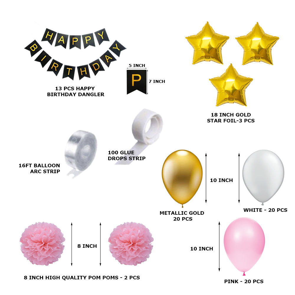80 Pcs DIY Happy Birthday Kit - Pink Gold White Balloon with PomPom &amp; Happy birthday Banner
