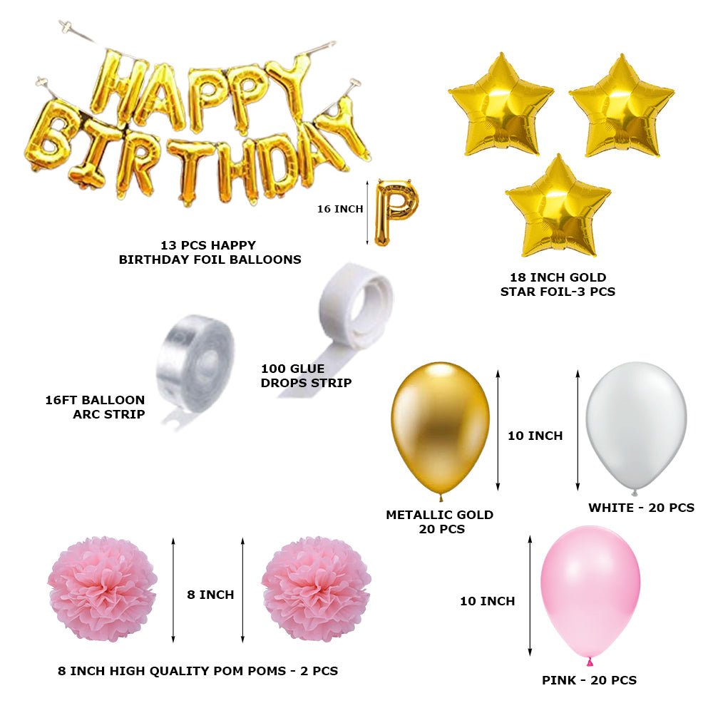 80 Pcs DIY Happy Birthday Kit - Pink Gold White Balloon with PomPom &amp; Happy birthday Foil Banner