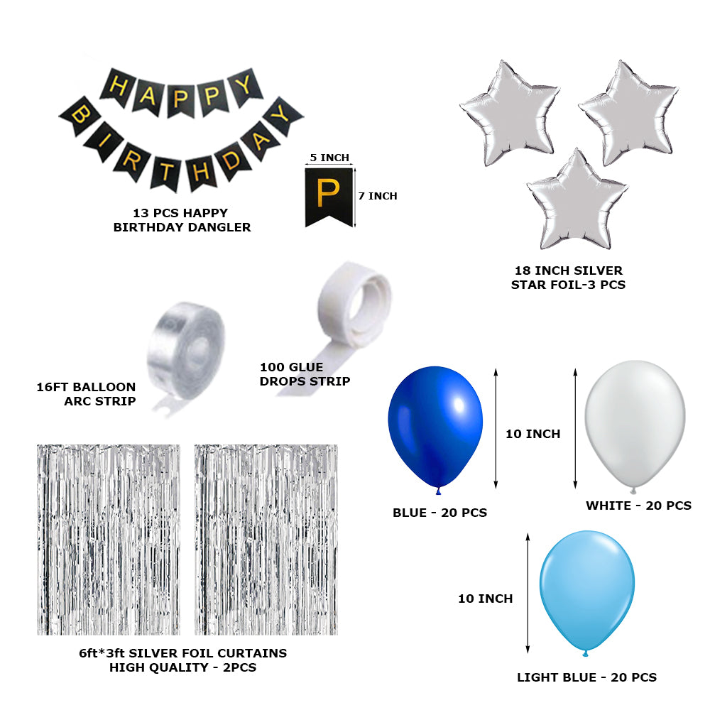 80 Pcs DIY Happy Birthday Kit - Blue, White Balloons and Happy birthday Banner