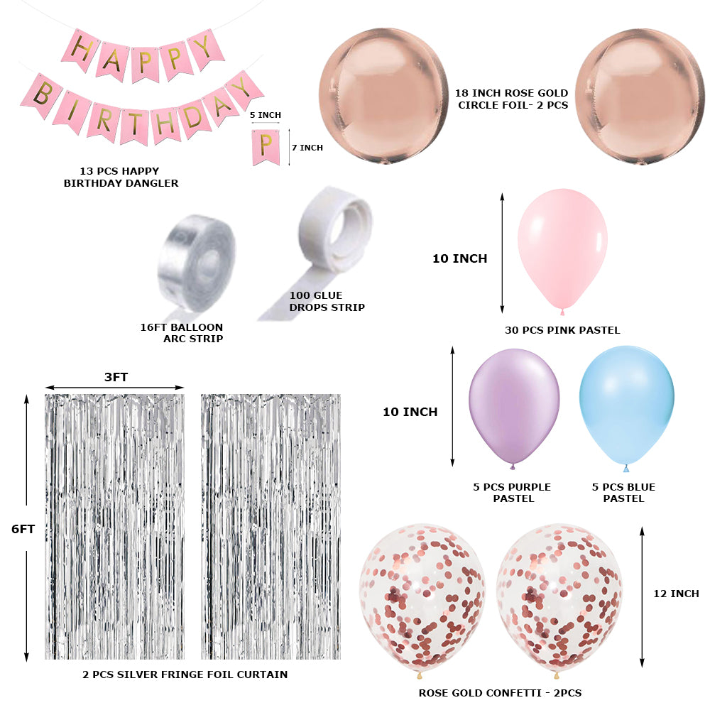 61 Pcs DIY Happy Birthday Kit - Pink Purple Pastel Balloons, Silver Fringe and Happy birthday Banner