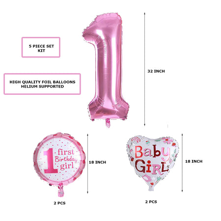 1st Birthday Girl Foil Balloon (Pack of 5-Pink)