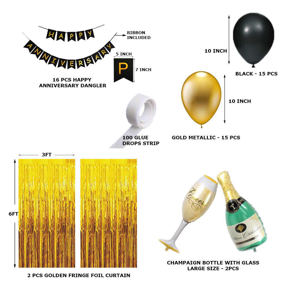 51 Pcs DIY Happy Anniversary Kit - Metallic Golden &amp; Black Balloons, Black Happy Anniversary Banner &amp; Golden Fringe Curtain