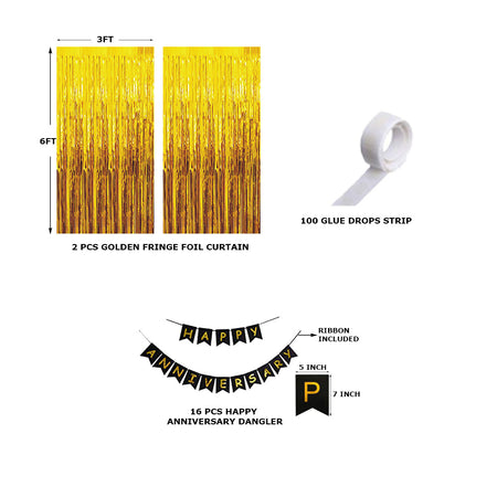 19 Pcs Golden Fringe - Black Happy Anniversary Banner Combo