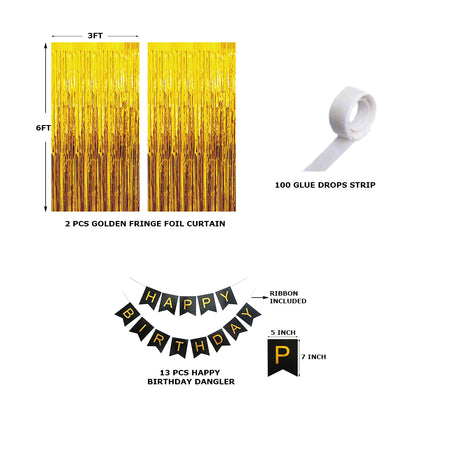 16 Pcs Golden Fringe - Black Birthday Banner Combo