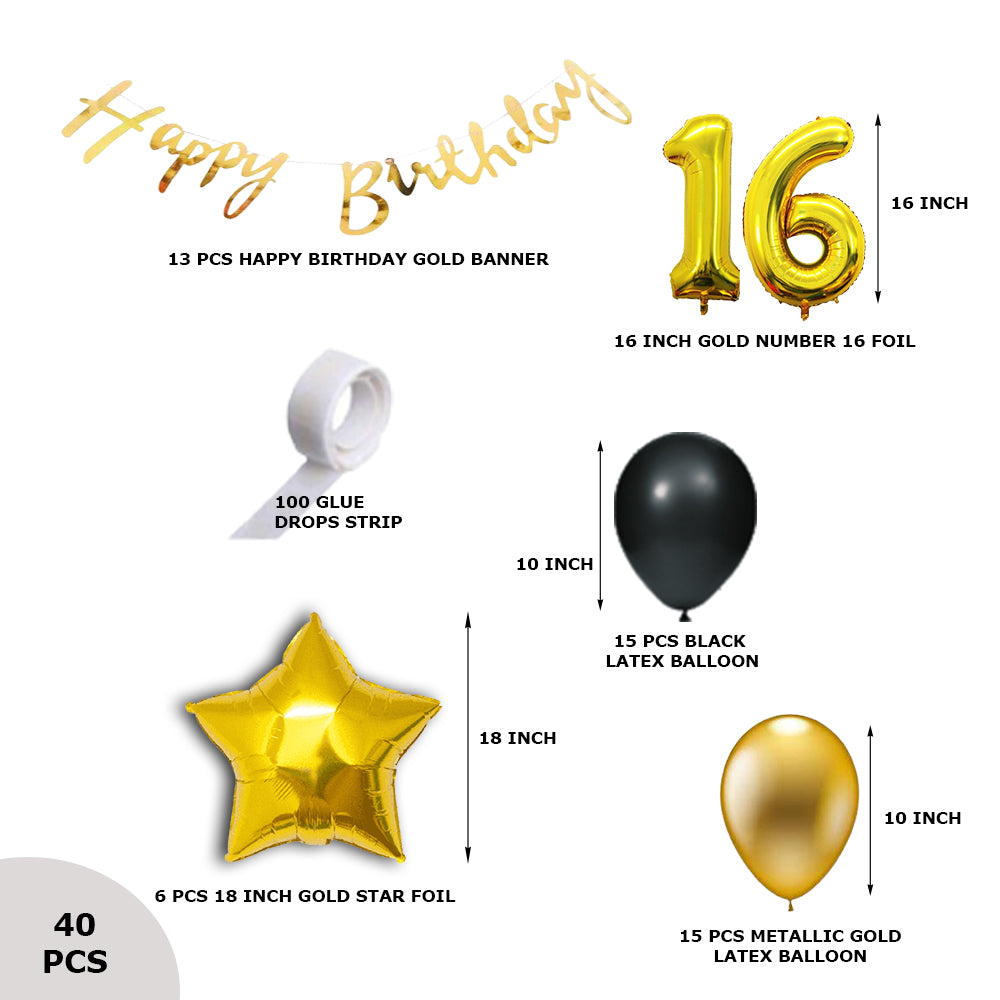 40 Pcs DIY Happy Birthday Kit - Metallic Gold Balloon, Black Balloon, GoldStar, 16 Inches Number 16 Foil Balloon, Gold Happy birthday Banner