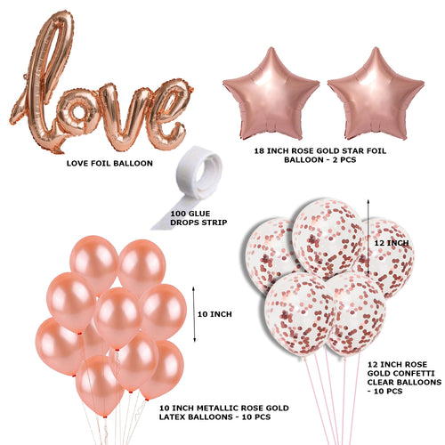 Load image into Gallery viewer, 24 Pcs Love Kit - Rose Gold Love Foil Balloon, Rose Gold Metallic Balloons, Rose gold Confetti Balloons &amp; Rose Gold Star foil
