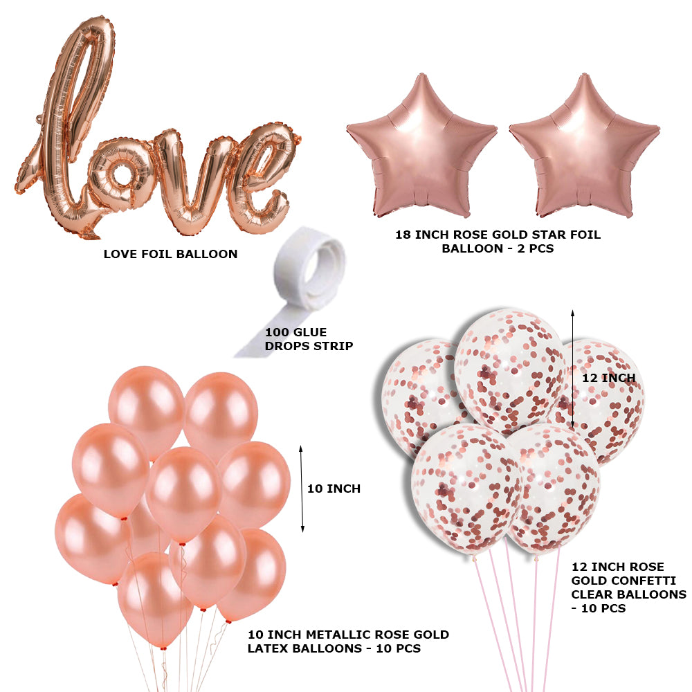 24 Pcs Love Kit - Rose Gold Love Foil Balloon, Rose Gold Metallic Balloons, Rose gold Confetti Balloons &amp; Rose Gold Star foil
