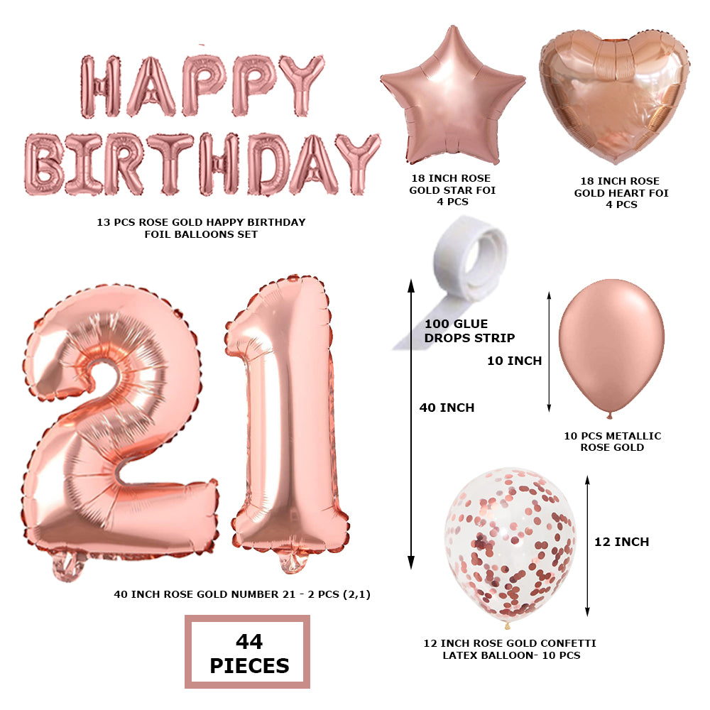 RoseGold Metallic Balloon, RoseGold Confetti, RoseGold Star Foil, RoseGold Heart Foil, RoseGold Foil Happy Birthday & RoseGold foil numbers(43 Pcs)