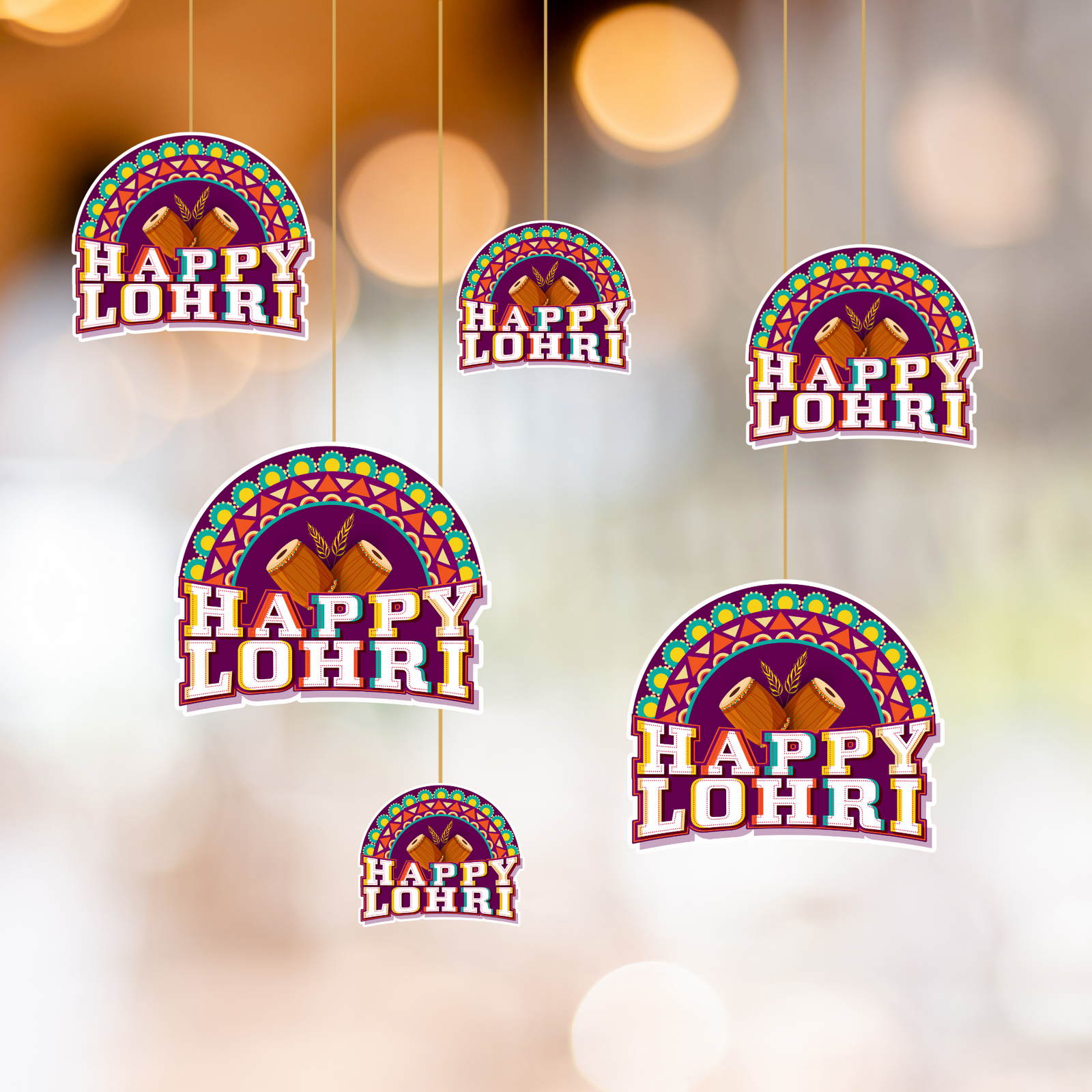 Lohri Dangler/Bunting (6 Inches/250 GSM Cardstock/Multicolor/10 Pieces, Front/Back)
