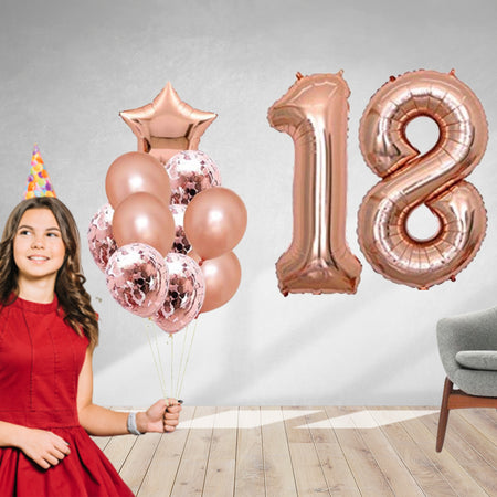 14 Pcs Birthday Kit – Rose Gold 18 Number 40″ Foil Balloon-Rose Gold Metallic Balloons, Confetti, Star foil Balloon