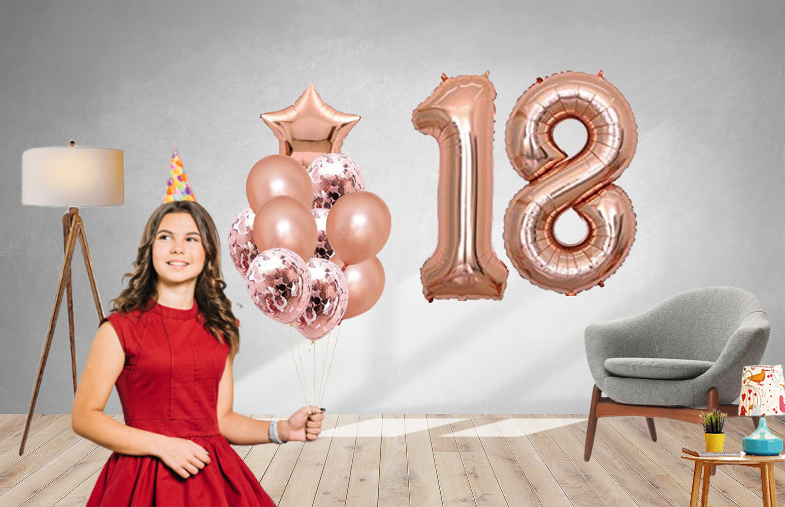 14 Pcs Birthday Kit – Rose Gold 18 Number 40″ Foil Balloon-Rose Gold Metallic Balloons, Confetti, Star foil Balloon