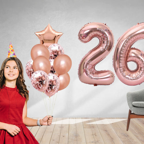 Load image into Gallery viewer, 14 Pcs DIY Happy Birthday Kit – Rose Gold 26 Number 40 Inches Foil Balloon-Rose Gold Metallic Balloons-Rose Gold Confetti Balloons-Rose Gold Star foil
