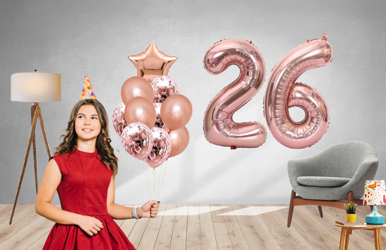 14 Pcs DIY Happy Birthday Kit – Rose Gold 26 Number 40 Inches Foil Balloon-Rose Gold Metallic Balloons-Rose Gold Confetti Balloons-Rose Gold Star foil