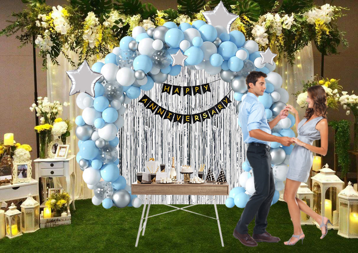134 Pcs Happy Anniversary Kit Metallic Silver, Blue & White Balloons, Silver Stars, Silver Confetti, Black Happy Anniversary Banner & Fringe Curtain