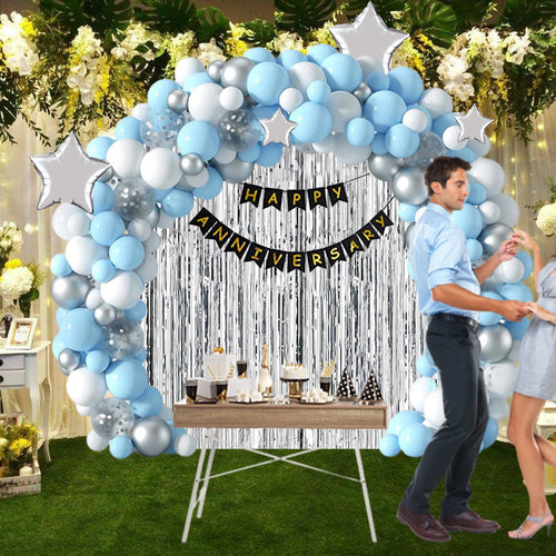 Load image into Gallery viewer, 134 Pcs Happy Anniversary Kit Metallic Silver, Blue &amp; White Balloons, Silver Stars, Silver Confetti, Black Happy Anniversary Banner &amp; Fringe Curtain
