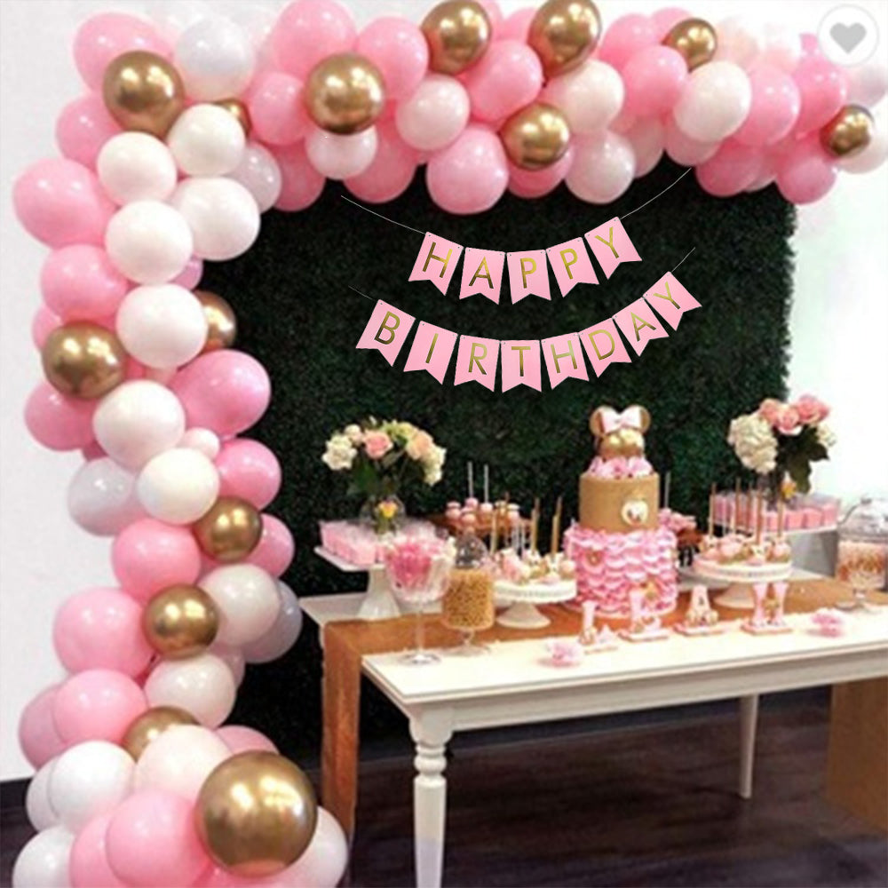 Happy Birthday Combo - Pink, Silver & Golden Balloon, Pink Happy Birthday Banner Set of 105 Pieces