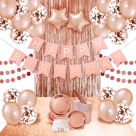 RoseGold Metallic Balloon, RoseGold Confetti, RoseGold Star Foil Balloon, RoseGold Fringe Foil curtain & Pink Happy Birthday Banner(30 Pcs)