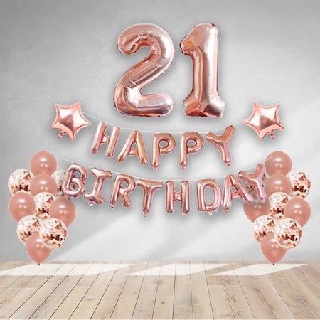 RoseGold Metallic Balloon, RoseGold Confetti RoseGold Star Foil Balloon, RoseGold Foil Happy Birthday & RoseGold Twenty One foil numbers(38 Pieces)