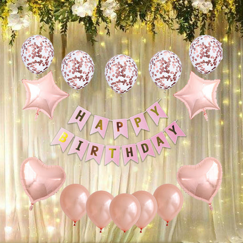 Load image into Gallery viewer, RoseGold Metallic Balloon, RoseGold Heart Foil, RoseGold Star Foil, RoseGold Confetti Balloon &amp; Pink Happy Birthday Banner (28 Pieces)
