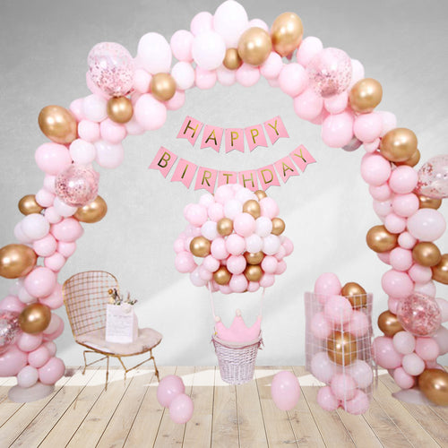 Load image into Gallery viewer, Pink Latex Balloon, Gold Metallic Balloon, Silver Metallic Balloon, RoseGold Confetti Balloon &amp; Pink Happy Birthday Banner (120 Pcs)
