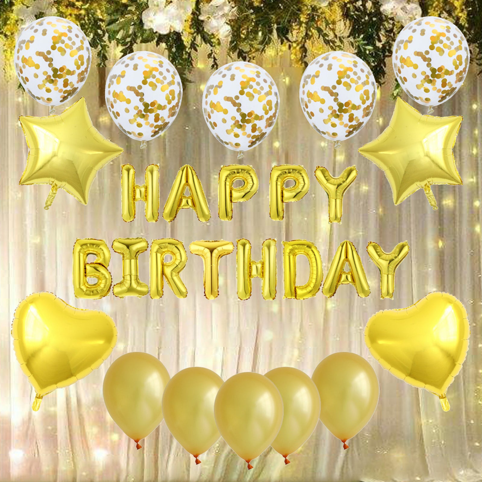Gold Metallic Balloon, Gold Love Foil Balloon, Gold Star Foil Balloon, Gold Confetti Balloon & Gold Happy Birthday Foil Balloon - (28 Pieces)